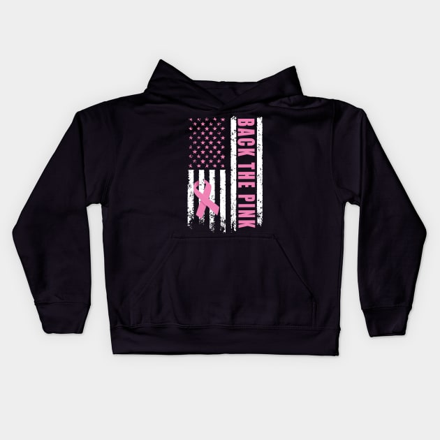 Back The Pink Ribbon American Flag Breast Cancer Awareness Kids Hoodie by PsychoDynamics